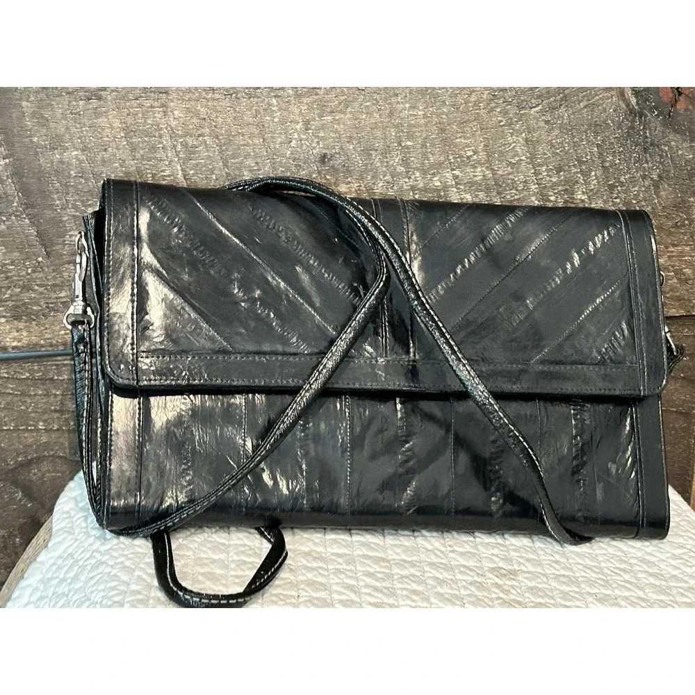 VTG‎  Large Eel Skin Clutch Crossbody Purse Black 11.5 x 7.5 In Korea 1980